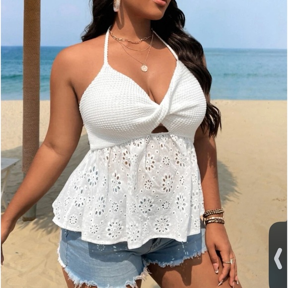 Boho Plus Size Eyelet Twisted Front Cut Out Halter Top White - Picture 4 of 6